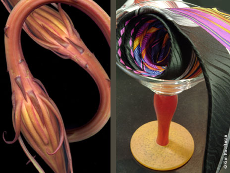Duet One: two photographs compare form and color with a fine art photograph of a night blooming Cereus and a product photo of a tie rolled into a champagne glass as seen through the unique vision of photographer Kim Kauffman