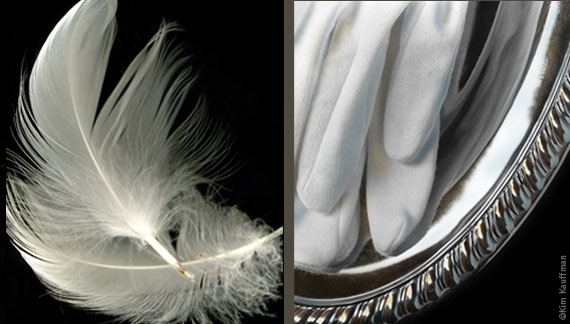 Studio photographer Kim Kauffman compares a B&W still life photograph of feathers to a B&W photograph of white gloves on a silver platter in Duet Thirteen